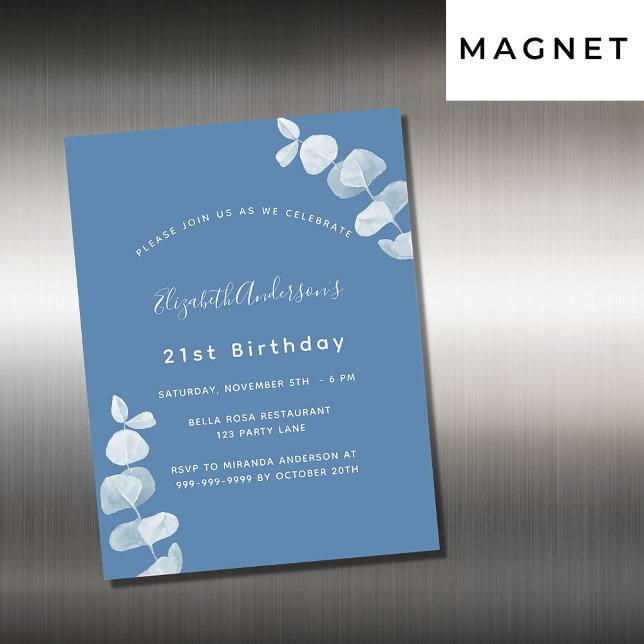 Invitation Magnétique Fête d'anniversaire poussiéreux bleu eucalyptus lu (Créateur téléchargé)