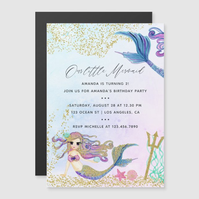 Invitation Magnétique Fête d'anniversaire sur le thème de la sirène (Devant / Derrière)