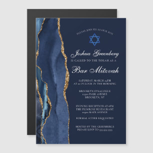Invitation Magnétique Fête de Bar Mitzvah Chic Bleu Foncé Or Agate