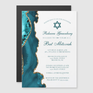 Invitation Magnétique Fête de Bat Mitzvah Chic Turquoise Or Agate