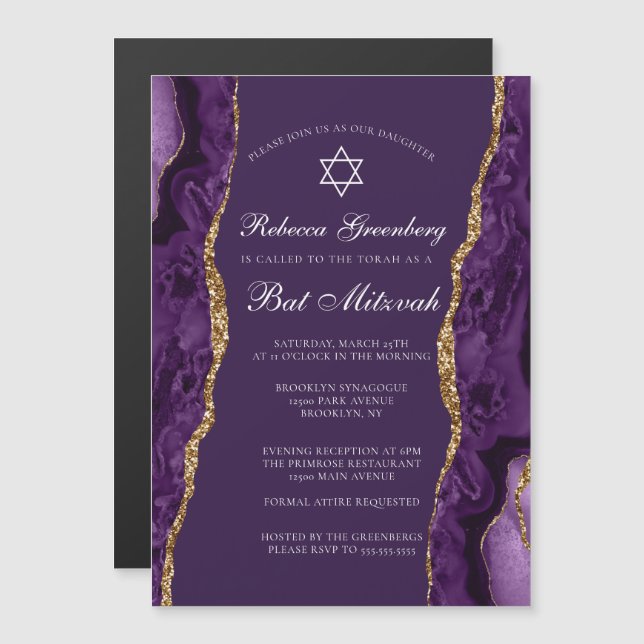 Invitation Magnétique Fête de Bat Mitzvah Chic Violet Agate Or (Devant / Derrière)