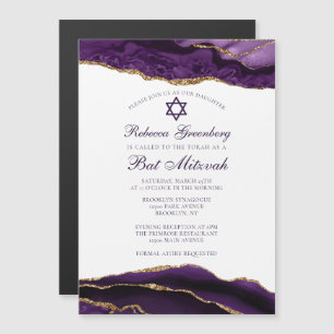 Invitation Magnétique Fête de Bat Mitzvah élégante violette et dorée Gla