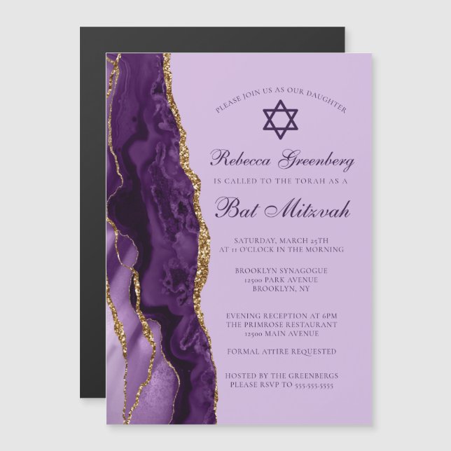 Invitation Magnétique Fête de Bat Mitzvah Pailletée Or Violet (Devant / Derrière)