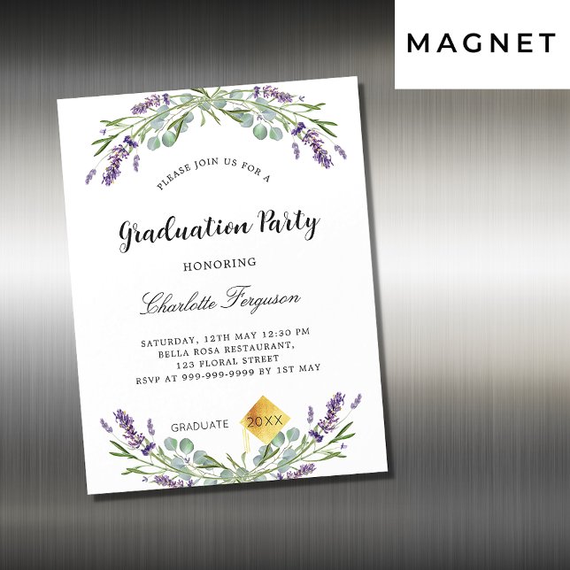 Invitation Magnétique Fête de graduation lavande eucalyptus luxe floral (Créateur téléchargé)