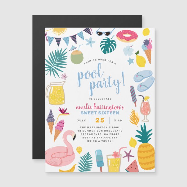 Invitation Magnétique Fête de la piscine Fille d'anniversaire (Devant / Derrière)