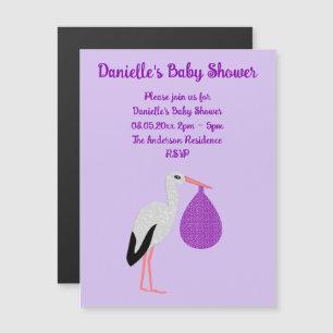 Invitation Magnétique Fête de naissance Bébé Cigogne genre neutre Violet