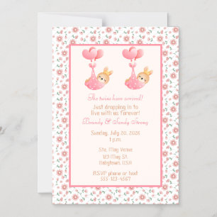 Invitation Magnétique Fête de naissance de jumelles Thème Bécasseau Rose