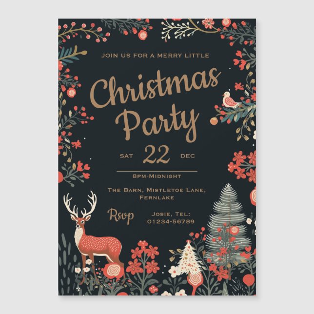 Invitation Magnétique Fête de Noël Joyeux de Forêt Enchantée (Devant)