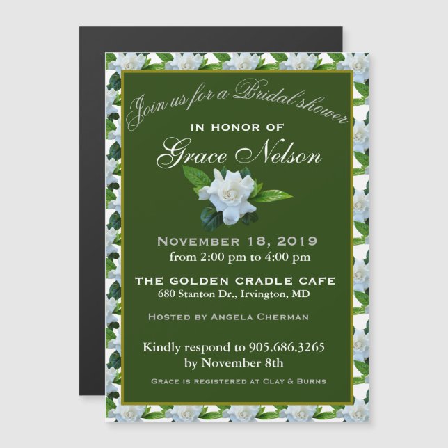 Invitation Magnétique Fête des mariées de feuillage vert Gardenia blanc (Devant / Derrière)