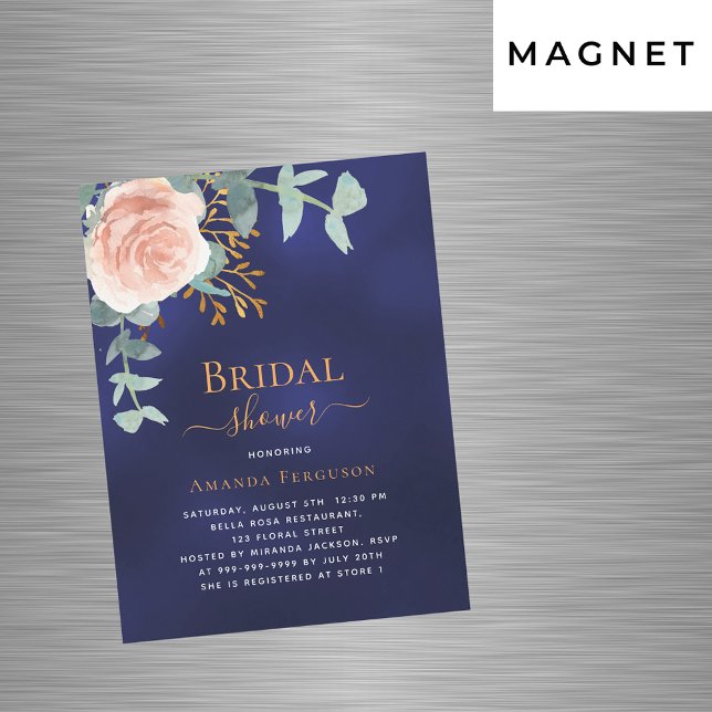 Invitation Magnétique Fête des mariées de luxe bleu marine or rose (Créateur téléchargé)