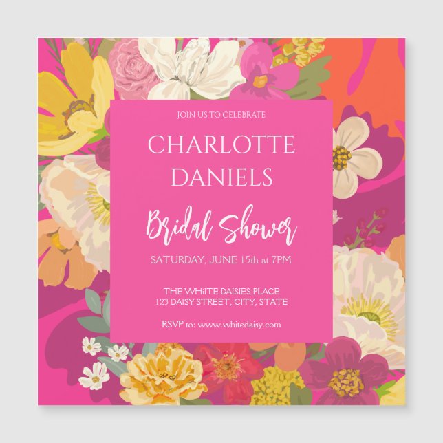 Invitation Magnétique Fête des mariées rose fleurie du jardin (Devant)