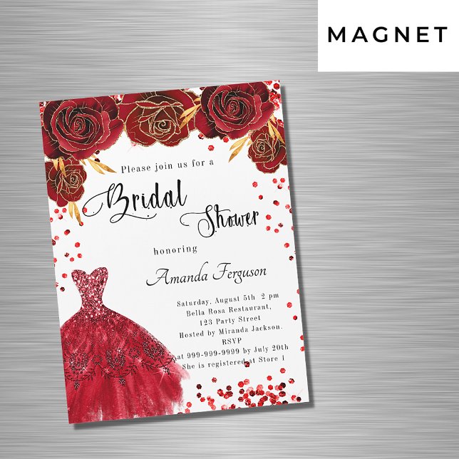 Invitation Magnétique Fête des mariées rouge robe blanche roses fleurs l (Créateur téléchargé)