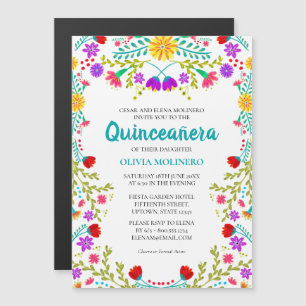 Invitation Magnétique Fête Florale Mexicaine Quinze Ans Quinceanera
