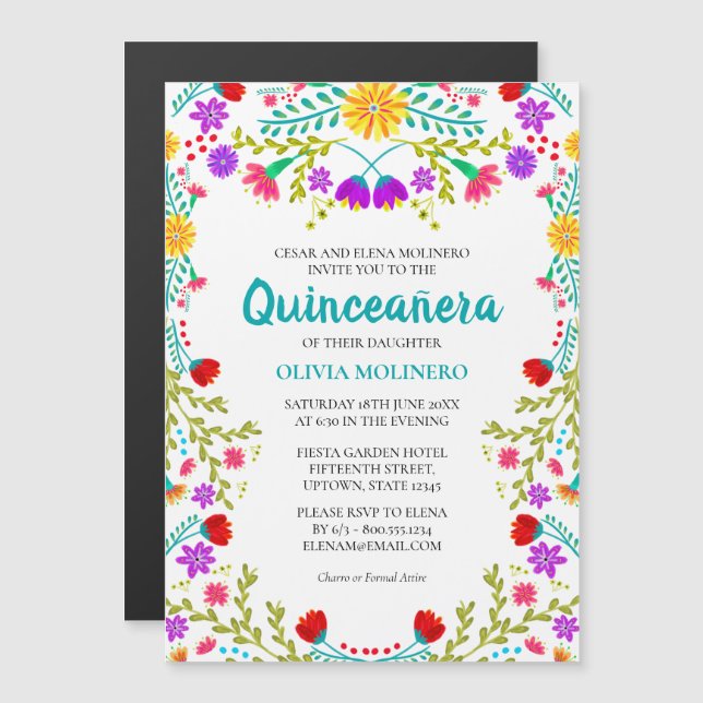Invitation Magnétique Fête Florale Mexicaine Quinze Ans Quinceanera (Devant / Derrière)
