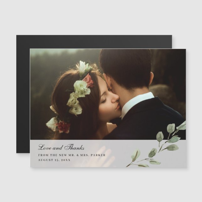 Invitation Magnétique Feuilles d'aquarelle simples| Merci photo Mariage (Devant / Derrière)