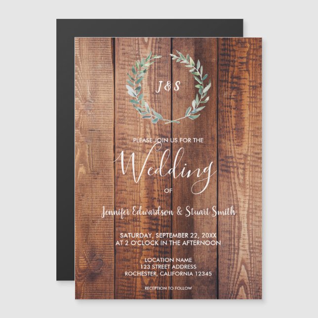 Invitation Magnétique Feuilles d'aquarelle sur Mariage de bois de grange (Devant / Derrière)