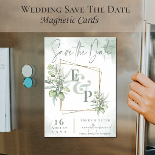 Invitation Magnétique Feuilles d'Eucalyptus Cadre en Or Vert Mariage Sav