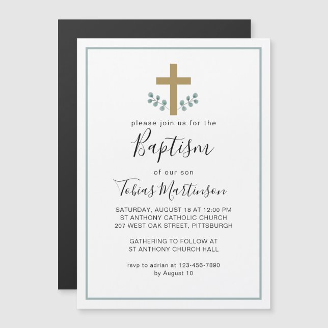 Invitation Magnétique Feuilles simples d'Eucalyptus avec baptême croisé (Devant / Derrière)