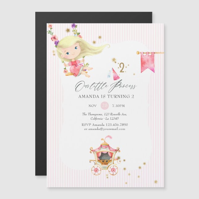 Invitation Magnétique Fille princesse rose et or 2ème anniversaire (Devant / Derrière)