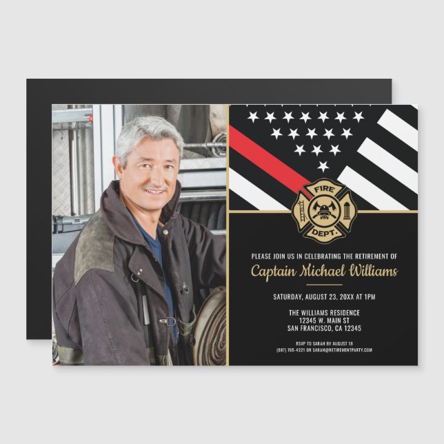 Invitation Magnétique Fireman Photo Red Line Flag Firefighter Retirement (Devant / Derrière)