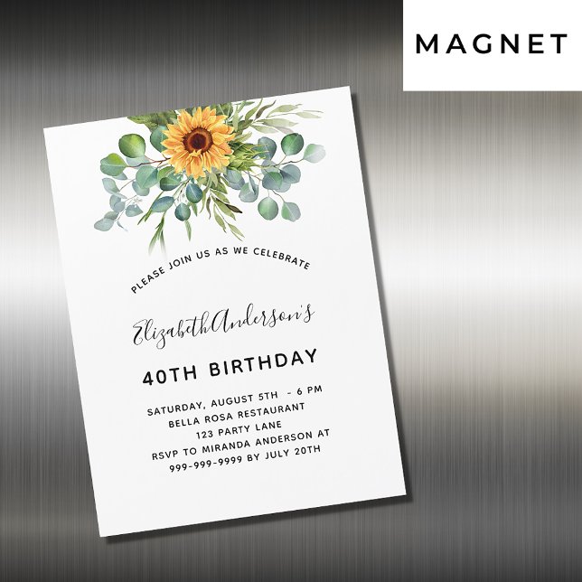 Invitation Magnétique Fleur de soleil d'anniversaire eucalyptus verdure (Créateur téléchargé)