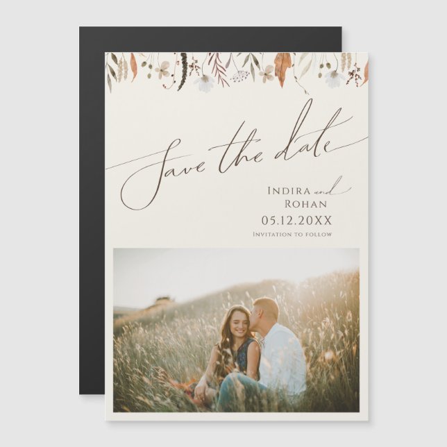 Invitation Magnétique Fleur sauvage d'automne Boho | Beige Enregistrer L (Devant / Derrière)