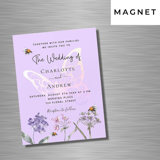 Invitation Magnétique Fleur sauvage papillon rose violet mariage de luxe (Créateur téléchargé)