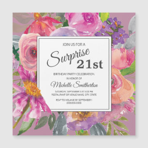 Invitation Magnétique Fleur sauvage rose violet 21e fête d'anniversaire 