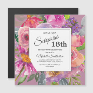 Invitation Magnétique Fleur sauvage rose violet Carré 18e fête d'anniver