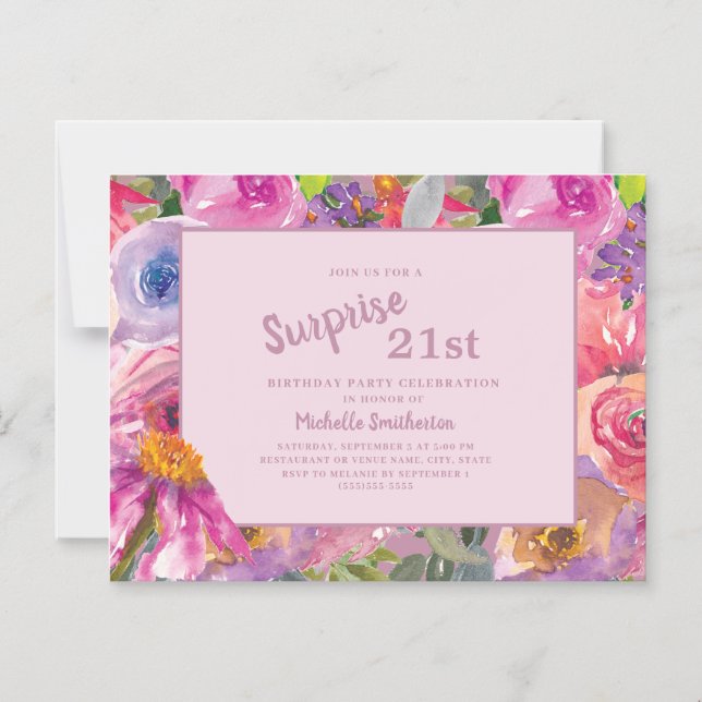 Invitation Magnétique Fleur sauvage rose violet fête du 21e anniversaire (Recto)