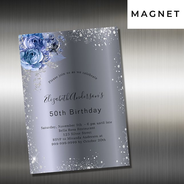 Invitation Magnétique Fleurs d'argent bleu anniversaire parties scintill (Créateur téléchargé)