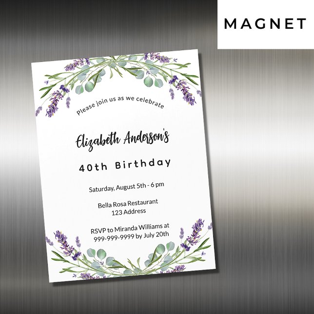 Invitation Magnétique Fleurs de lavande d'anniversaire eucalyptus verdur (Créateur téléchargé)