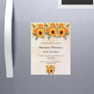 Invitation Magnétique Fleurs de soleil d'anniversaire verdure rustique j