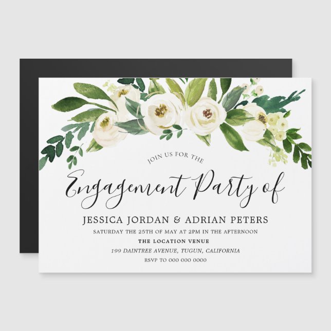 Invitation Magnétique Fleurs en fleurs blanches Partie d'engagement (Devant / Derrière)