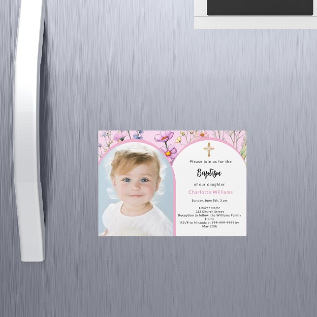 Invitation Magnétique Fleurs roses photo arc fille croiser Baptême (Créateur téléchargé)