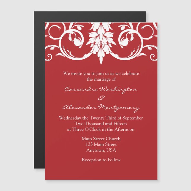Invitation Magnétique Fleurs rouges tourbillons Mariage magnétique Invit (Devant / Derrière)