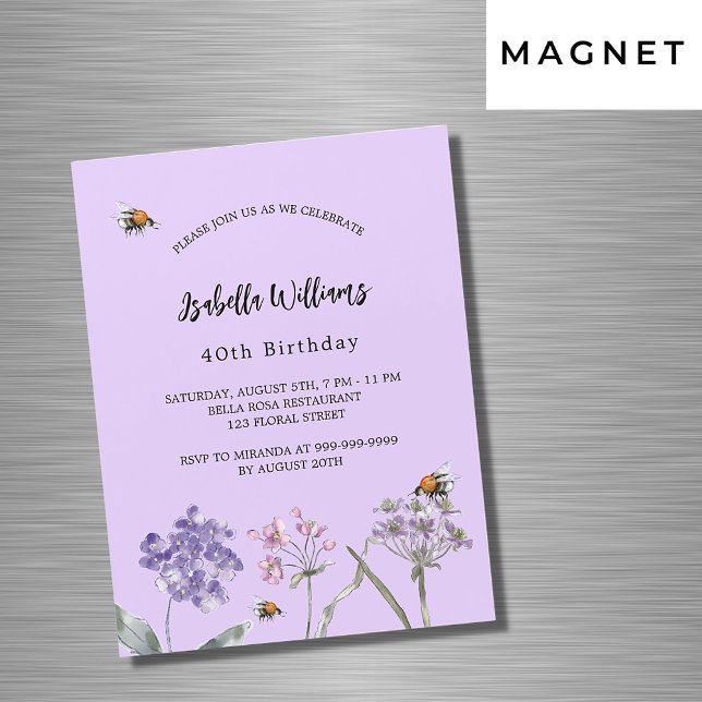 Invitation Magnétique Fleurs sauvages de fête d'anniversaire violet rose (Créateur téléchargé)