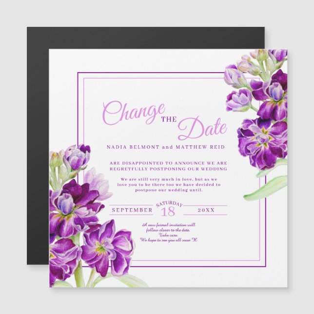 Invitation Magnétique Fleurs stocks violettes art mariage changer la dat (Devant / Derrière)
