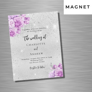 Invitation Magnétique Fleurs violet rose argent mariage de luxe