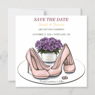 Invitation Magnétique Fleurs Violettes Élégantes Mariage Lesbien Enregis