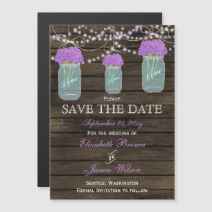Invitation Magnétique Fleurs violettes Mason Jars Grange Mariage en bois