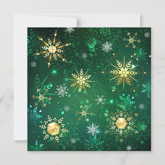 Invitation Magnétique Flocons de neige dorés de Noël sur fond vert (Recto)