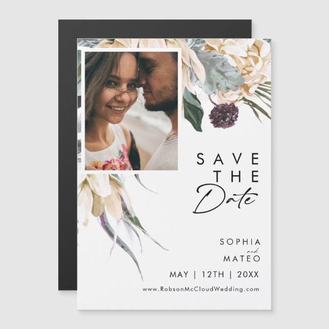 Invitation Magnétique Floral Blanc Enregistrer l'aimant Date (Devant / Derrière)