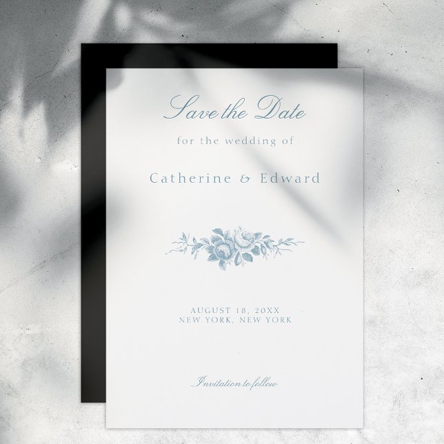 Invitation Magnétique Floral bleu et blanc classique Enregistrer la date (Créateur téléchargé)