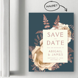 Invitation Magnétique Floral ivoire Rose or Turquoise Enregistrer la dat