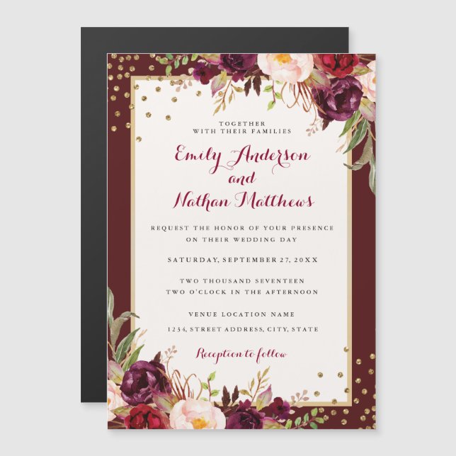 Invitation Magnétique Floral mariage Gold Confetti (Devant / Derrière)