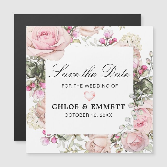Invitation Magnétique Floral rose et blanc rustique Enregistrer la date (Devant / Derrière)