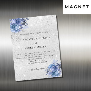 Invitation Magnétique Floraux bleu argent élégant mariage de luxe