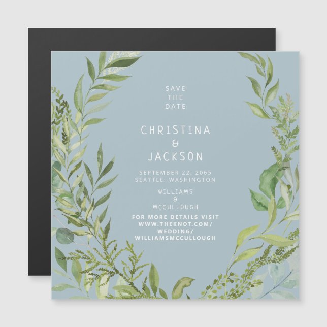 Invitation Magnétique Foliage moderne Dusty Blue Wedding Enregistrer la  (Devant / Derrière)