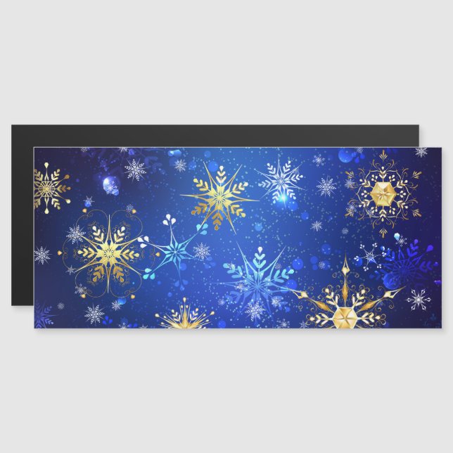 Invitation Magnétique Fond bleu de Noël avec flocons de neige dorés (Devant / Derrière)